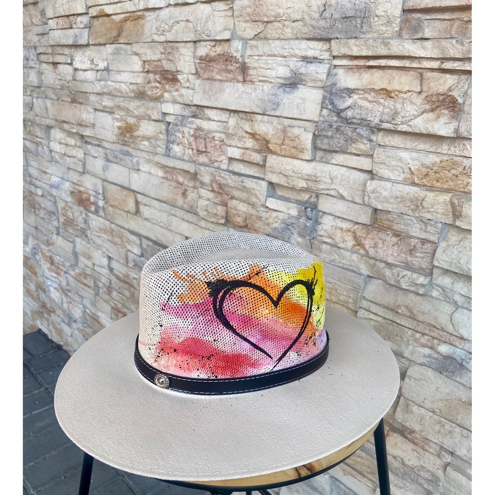 Hand Painted Straw Hat with Colorful Heart Design Festival Hat | Beach Hat